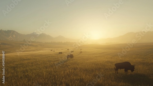 Golden Hour on the Wild West Prairie: Bison Grazing Under the Setting Sun