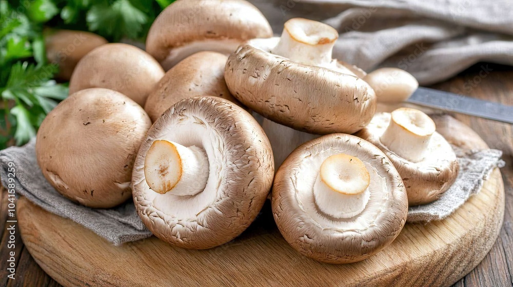 Freshly cut Portobello mushrooms sitting on a wooden cutting board, with a knife and napkin, highlighting the cooking process. Freshly cut Portobello mushrooms sitting on a wooden cutting board, with a knife and napkin, highlighting the cooking process.