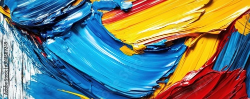 Vibrant abstract art featuring bold strokes of blue, yellow, and red paint, creating a dynamic and colorful composition.
