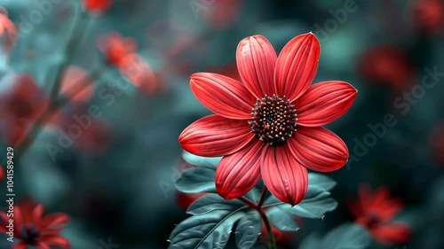 A single red flower blooms in a garden, surrounded by blurred greenery