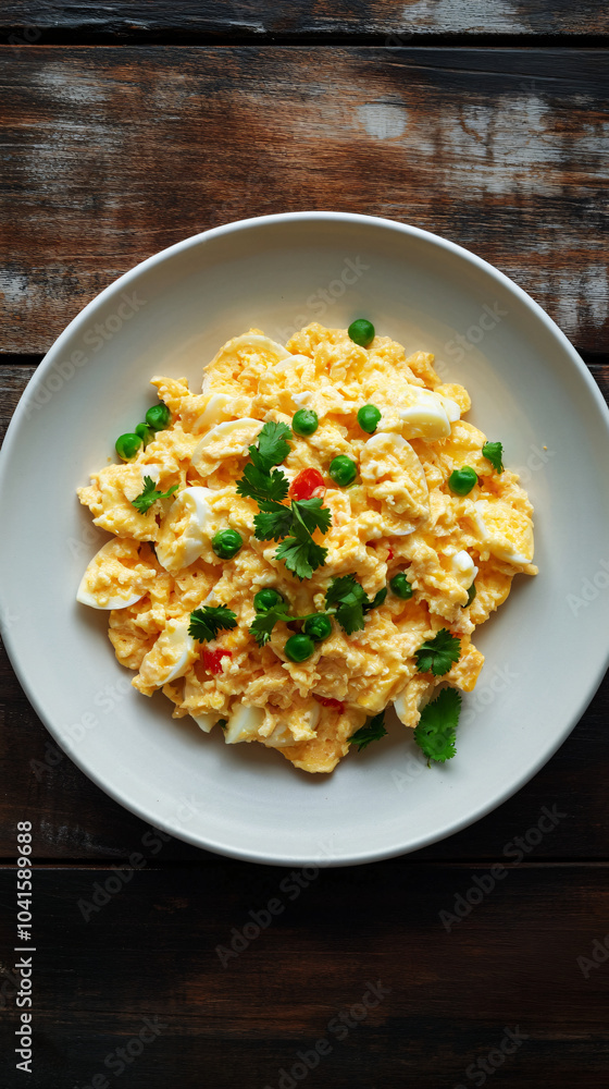 Scrambled eggs with green peas, chili pepper, and cilantro on a white plate, topped with fresh coriander leaves Scrambled eggs with green peas, chili pepper, and cilantro on a white plate, topped with fresh coriander leaves