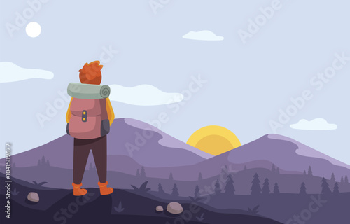 A man is standing on a mountain top with a backpack and looking at the sun