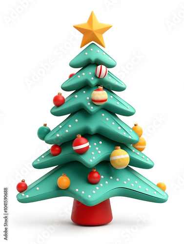 Cute 3d model of Christmas fir tree with decoration isolated on white background