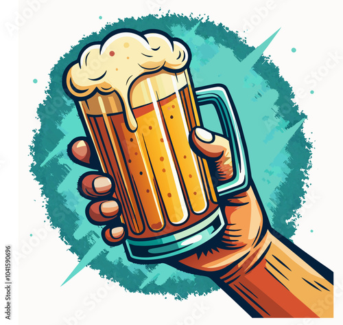 Vector illustration of a hand holding a frothy vintage beer mug with golden-yellow liquid, featuring a festival concept. Includes an Oktoberfest party invitation outline and a beer bottle icon.
