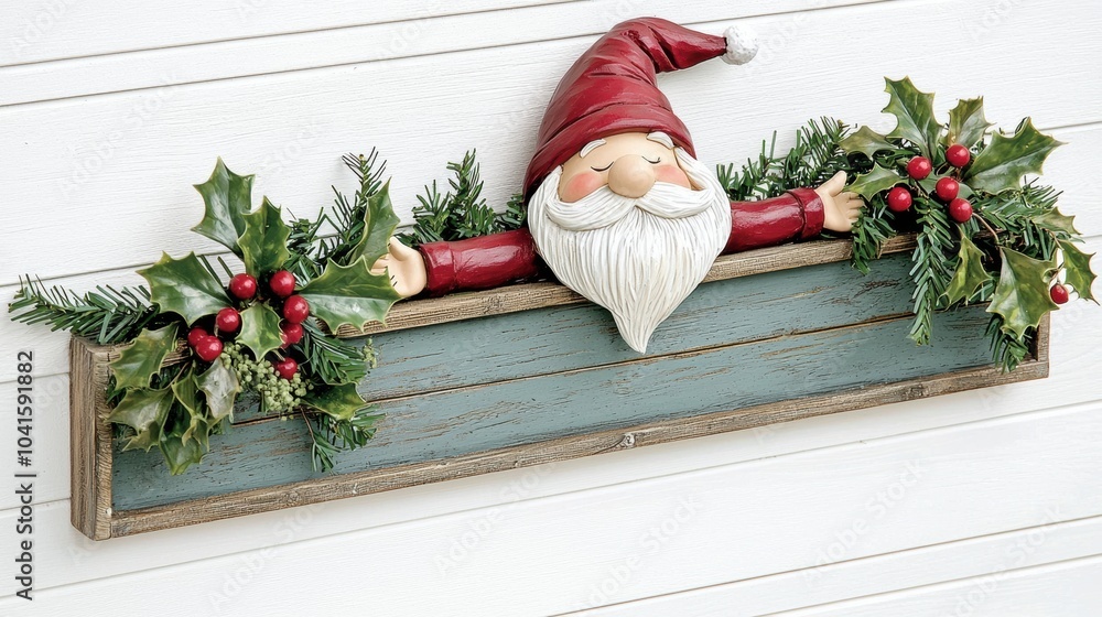 Obraz premium Christmas Featuring Wooden Shelf with Gnome Ornament and Greenery