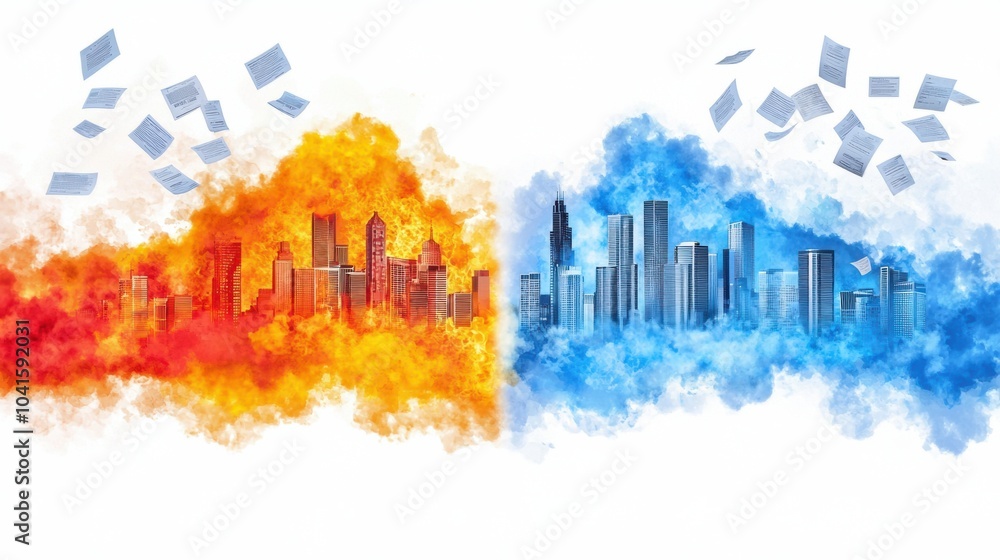 Fototapeta premium Dramatic Urban Skyline Explosion with Fiery Clouds and Chaotic Destruction