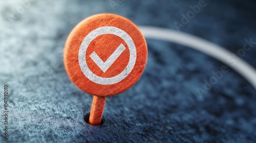 A target with a checkmark icon is used to represent the successful achievement of a goal. It symbolizes the completion of a task or the passing of a test or assessment.  photo