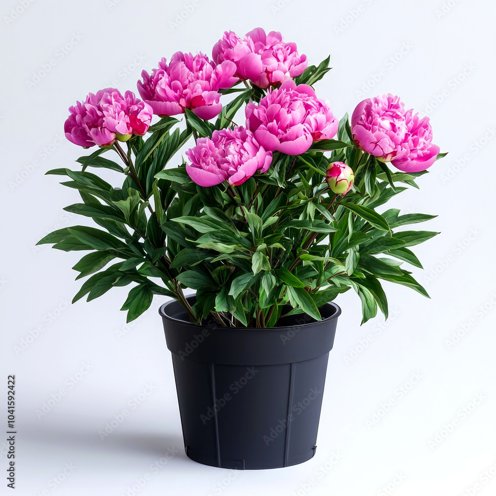 Pink peonies in a black pot on a white background. Pink peonies in a black pot on a white background.