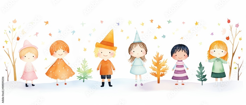 Description A whimsical of six children in colorful outfits standing among stylized trees and falling leaves. Description A whimsical of six children in colorful outfits standing among stylized trees and falling leaves.
