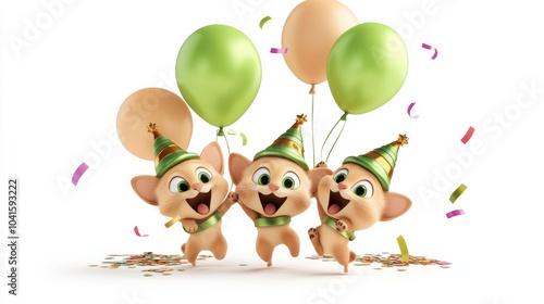 Cheerful Cartoon Characters Celebrating with Balloons and Confetti