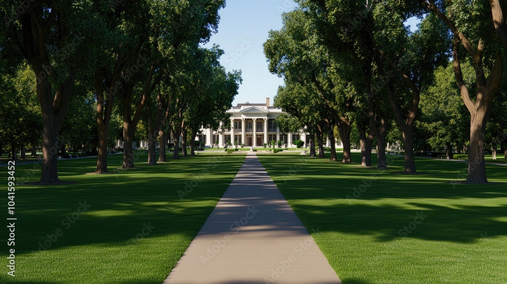 A charming white house stands amidst towering oak trees, surrounded by rich green lawns, inviting all to enjoy its tranquil summer beauty A charming white house stands amidst towering oak trees, surrounded by rich green lawns, inviting all to enjoy its tranquil summer beauty
