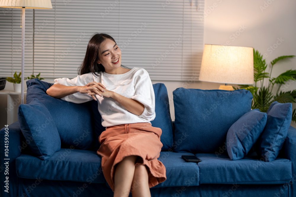 Young woman relaxing on comfortable sofa in living room at night Young woman relaxing on comfortable sofa in living room at night