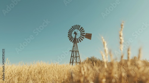 Serene Wild West Landscape with Rustic Windmill, Golden Wheat Fields, and Blue Sky, Capturing Cinematic Light and Tranquility