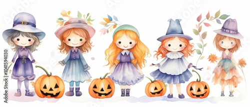 Five whimsical girls in hats pose with pumpkins, celebrating a colorful Halloween theme in a charming, illustrated style.