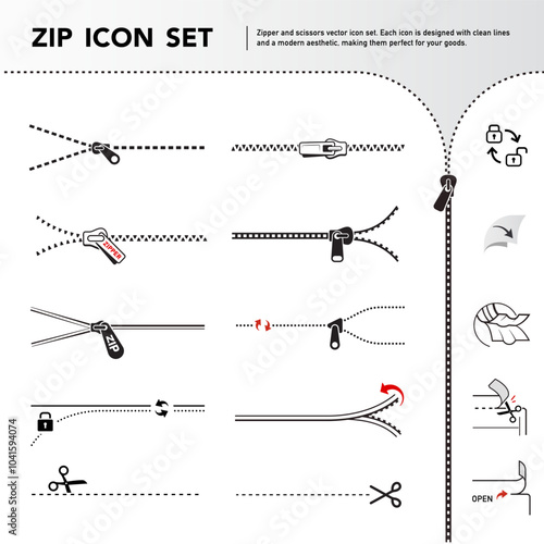 Zip and scissors vector icon set. Each icon perfect for your food bags, clothes vacuum bags, handbags, slider bags, ziplock bag.
Easy shows clear instruction of opening, close. EPS10. 