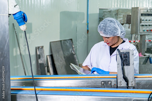 caucasion woman working in a food factory wearing protective clothes and gloves.