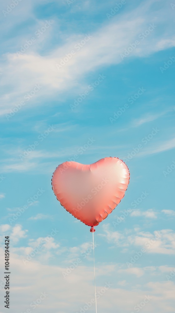 Fototapeta premium Single heart shaped balloon is floating in a blue sky, providing a perfect backdrop for valentine's day or romantic celebrations