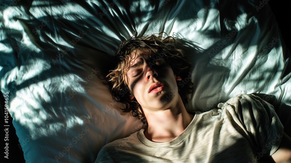 Obraz premium Person tossing and turning in bed, struggling with insomnia and restlessness. The scene captures the emotional turmoil and physical discomfort of a sleepless night.