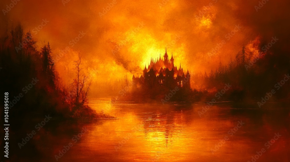 Fiery Sunset Over Ancient Castle and Lake Fiery Sunset Over Ancient Castle and Lake