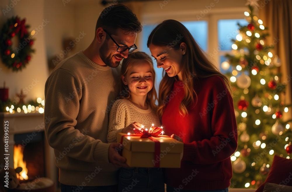 Family Christmas time, Mom and Dad Give a Gift to a Child