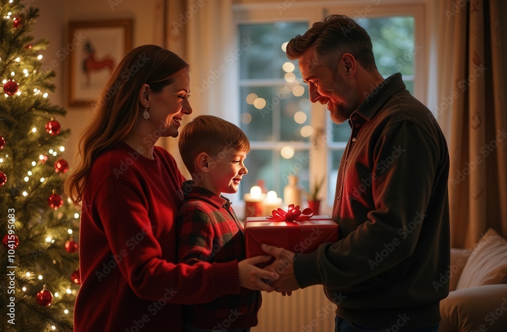 Family Christmas time, Mom and Dad Give a Gift to a Child Family Christmas time, Mom and Dad Give a Gift to a Child