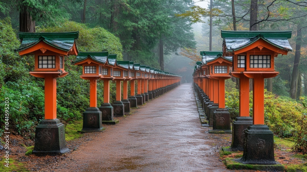 Japanese Temple Lanterns Pathway Foggy Forest Autumn Japanese Temple Lanterns Pathway Foggy Forest Autumn