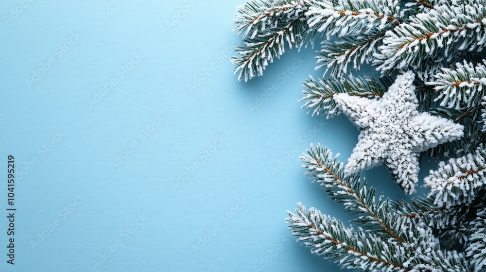 White christmas star ornament on snowy pine branches against a blue backdrop, perfect for holiday cards or decorations. Captures winter essence with elegant design and pastel colors White christmas star ornament on snowy pine branches against a blue backdrop, perfect for holiday cards or decorations. Captures winter essence with elegant design and pastel colors