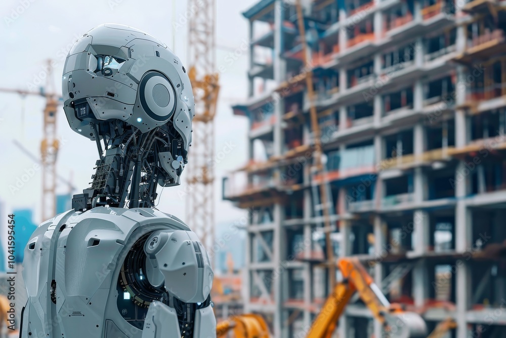 Fototapeta premium Artificial intelligence supervising a construction site , A robot overlooks a construction site, representing the integration of robotics in modern building and infrastructure development.