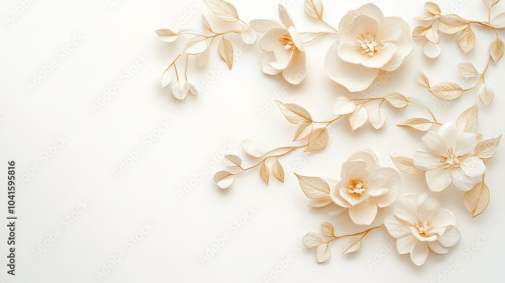 Delicate White Flowers and Golden Leaves on a White Background Delicate White Flowers and Golden Leaves on a White Background
