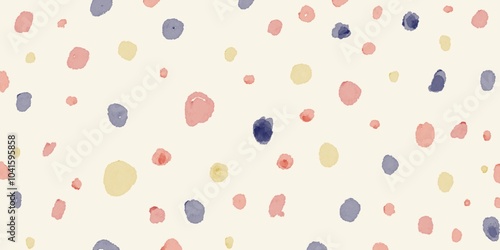 A delicate and feminine pattern featuring a variety of pink, purple, blue, yellow watercolor dots on a cream background. The irregular shapes and sizes of the dots