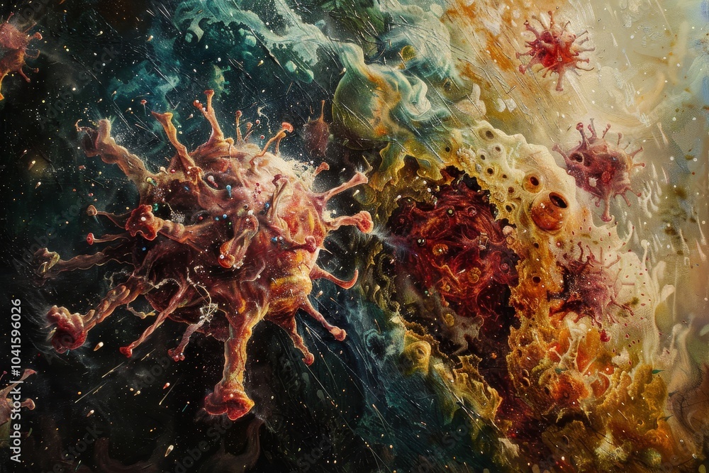 Artistic interpretation of disease eradication ,A detailed painting depicting a virus alongside various abstract objects, showcasing vibrant colors and intricate designs. Artistic interpretation of disease eradication ,A detailed painting depicting a virus alongside various abstract objects, showcasing vibrant colors and intricate designs.