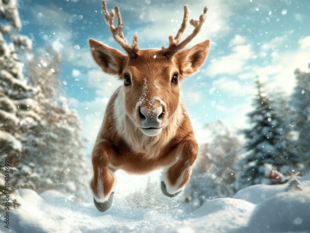 Festive Reindeer Leaping Through Winter Wonderland Ugly Christmas Sweater, Perfect for Holiday Parties Celebrations This fun and quirky design features a reindeer soaring through a snowy landscape Festive Reindeer Leaping Through Winter Wonderland Ugly Christmas Sweater, Perfect for Holiday Parties Celebrations This fun and quirky design features a reindeer soaring through a snowy landscape