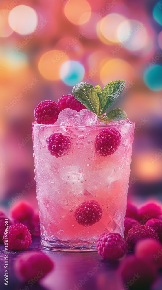 Vibrant pink cocktail is served in a classic tumbler, adorned with fresh raspberries and a sprig of mint, creating a refreshing and inviting drink Vibrant pink cocktail is served in a classic tumbler, adorned with fresh raspberries and a sprig of mint, creating a refreshing and inviting drink
