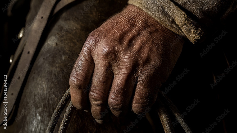 Obraz premium Cowboy's Strong Grip: Detailed Wild West Scene with Cinematic Lighting