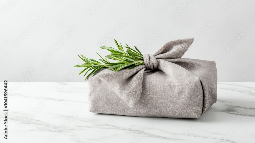 A beautifully wrapped gift in a textured gray fabric, adorned with a sprig of fresh rosemary, set against a minimalist marble background. A beautifully wrapped gift in a textured gray fabric, adorned with a sprig of fresh rosemary, set against a minimalist marble background.