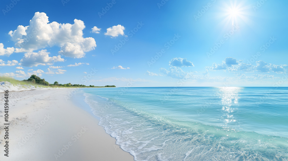 Obraz premium Sunny Seaside Panorama with Turquoise Waves and Tranquil Sands, Summer Serenity Scene