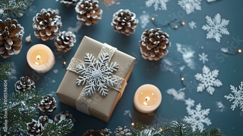 Cozy Winter Holiday Gift Box with Snowflakes Pine Cones and Candles