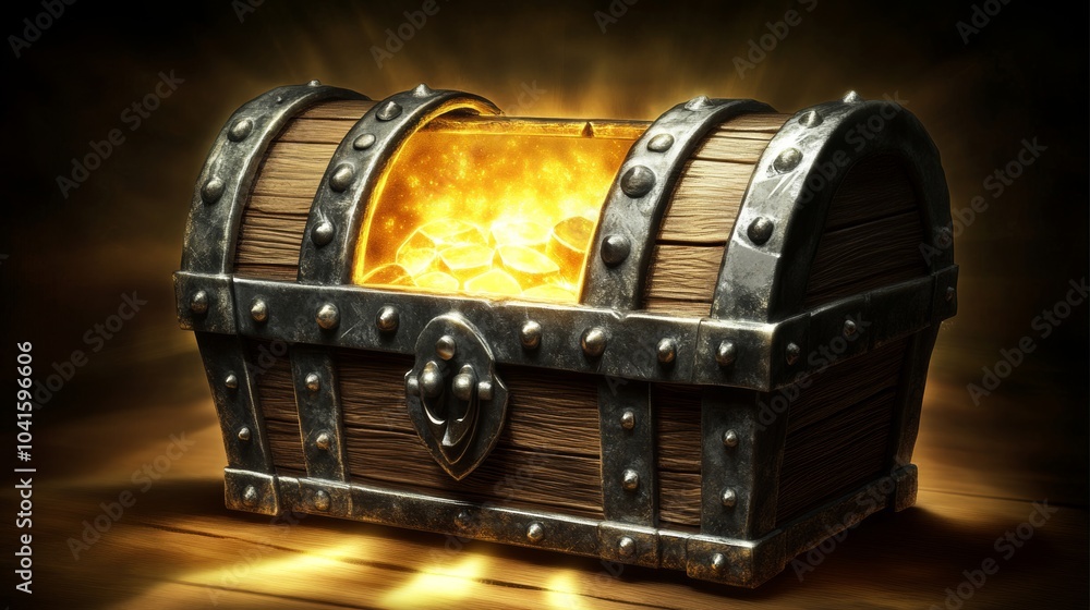 Glowing Treasure Chest with Gold Coins on Wooden Table Glowing Treasure Chest with Gold Coins on Wooden Table