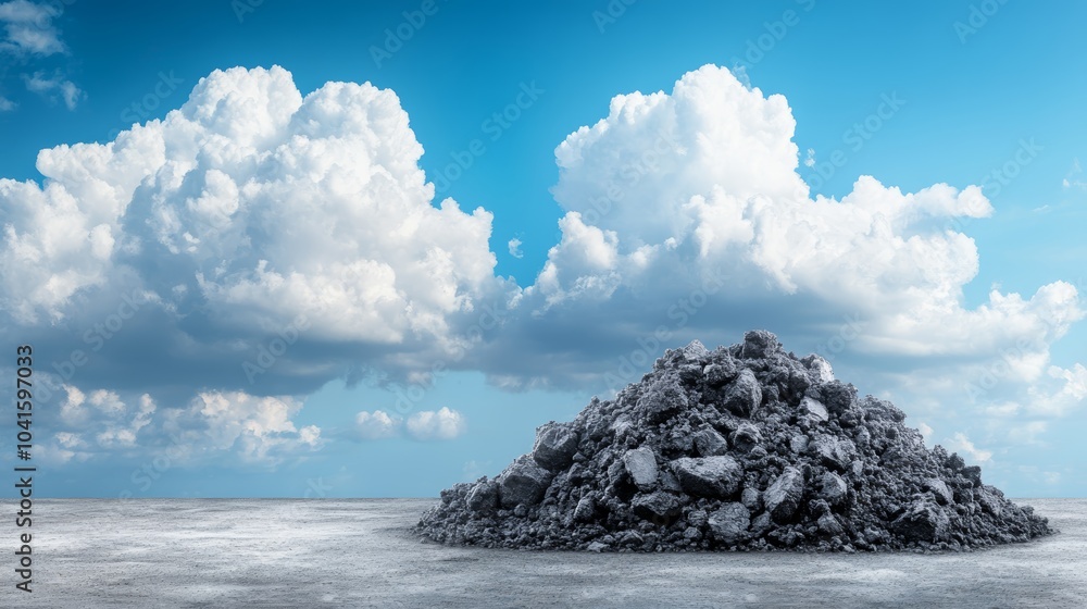 A picturesque landscape featuring a large pile of debris against a bright blue sky with fluffy white clouds. A picturesque landscape featuring a large pile of debris against a bright blue sky with fluffy white clouds.