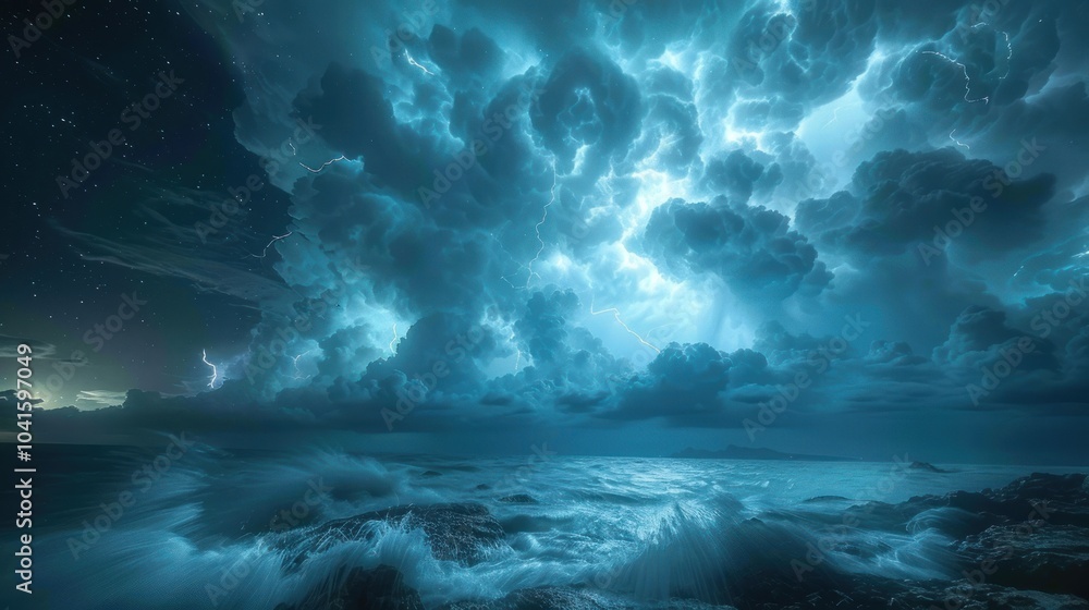 Naklejka premium Lightning Storm over the Ocean