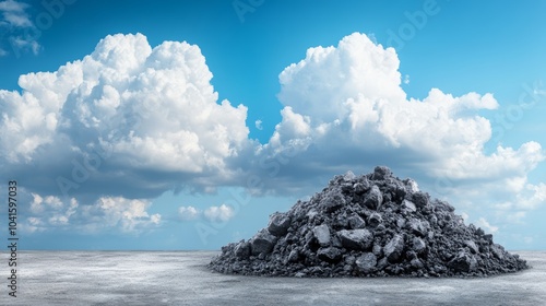 A picturesque landscape featuring a large pile of debris against a bright blue sky with fluffy white clouds. photo