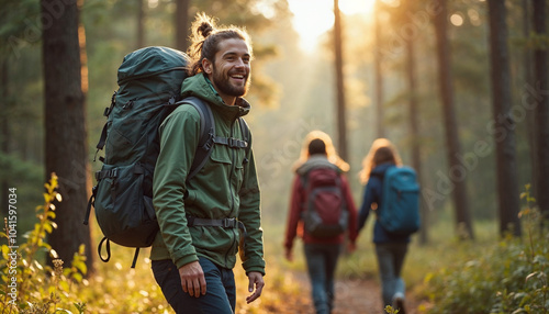 Happy backpacker and his friends hiking in forest, walking through rocky forest on a rainy day with his male friends. Outdoor mountain adventure, trekking travel, hiker sport, Hiking concept