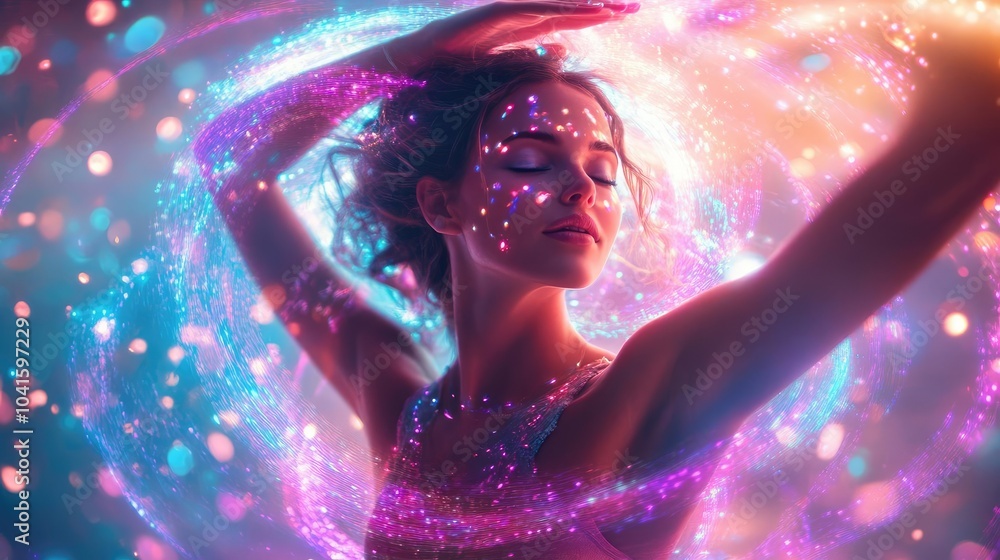 A dancer surrounded by swirling magical lights, moving with pure energy, her face spellbound and overjoyed as the colors pulse around her A dancer surrounded by swirling magical lights, moving with pure energy, her face spellbound and overjoyed as the colors pulse around her