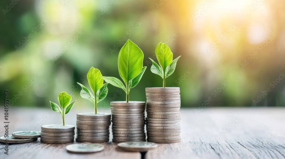 This image depicts growing plants emerging from stacks of coins, symbolizing the concept of financial growth and sustainability. This image depicts growing plants emerging from stacks of coins, symbolizing the concept of financial growth and sustainability.