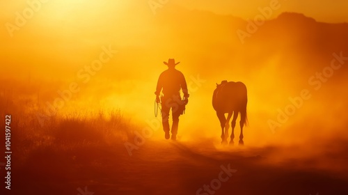 Golden Hour Journey: Cowboy and Horse on Wild West Trail with Cinematic Light