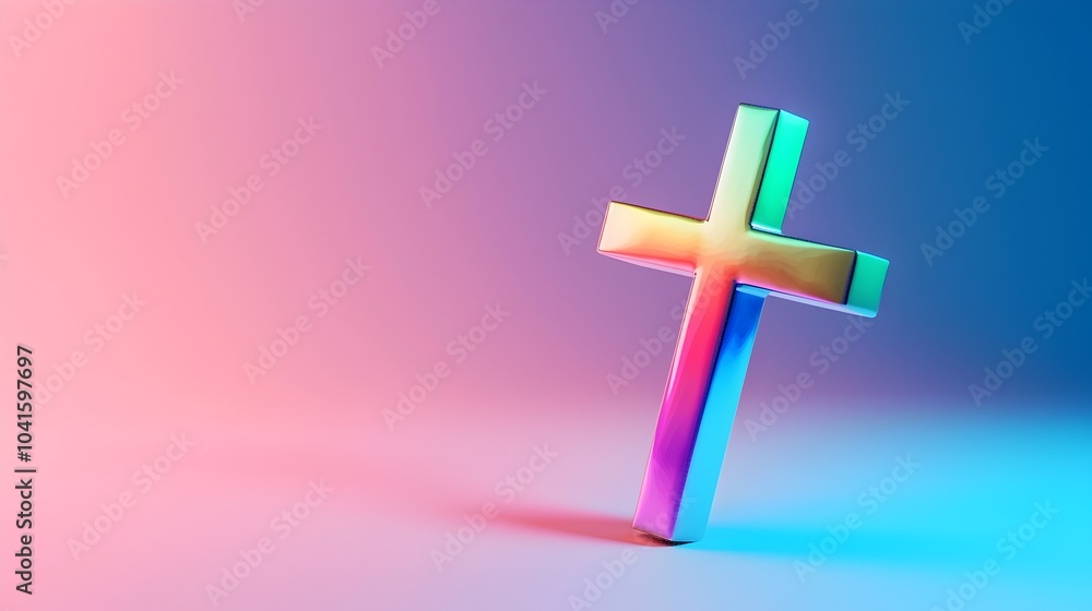 Obraz premium Rainbow Gradient Cross Symbolizing Inclusive Spirituality and Diverse Beliefs