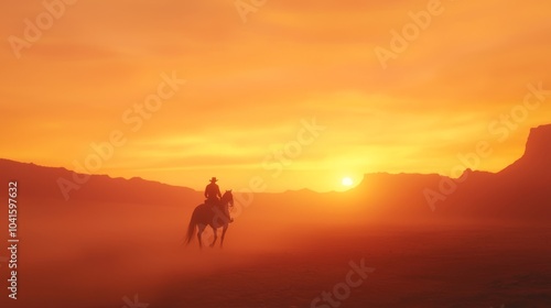 Lone Cowboy Riding into the Sunset in Wild West Desert Landscape with Cinematic Light