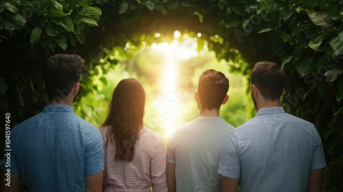 A group of friends discovering a magical portal in a garden, giggling in excitement as bright light pours out, the moment filled with magic and optimism