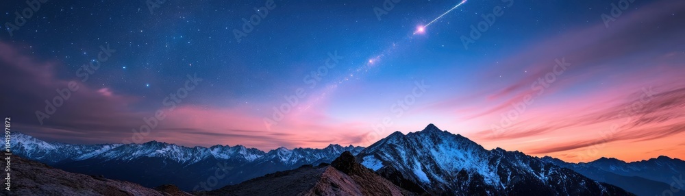 A mountaintop view with an unexpected meteor shower lighting up the sky, the observer overwhelmed by shock, serenity, and the ecstasy of the spectacle A mountaintop view with an unexpected meteor shower lighting up the sky, the observer overwhelmed by shock, serenity, and the ecstasy of the spectacle