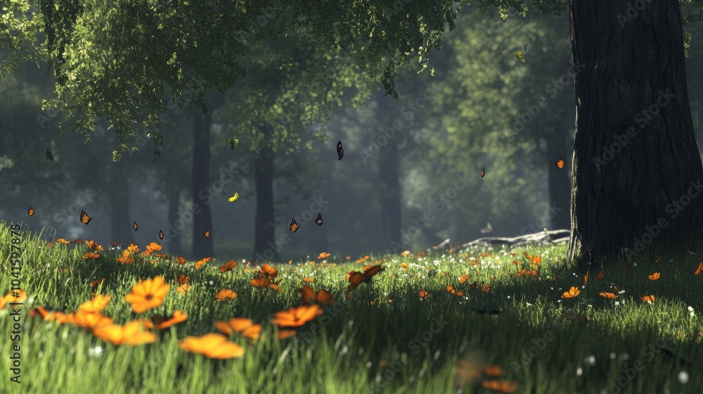 Fototapeta premium Sunny Forest Meadow with Butterflies and Wildflowers